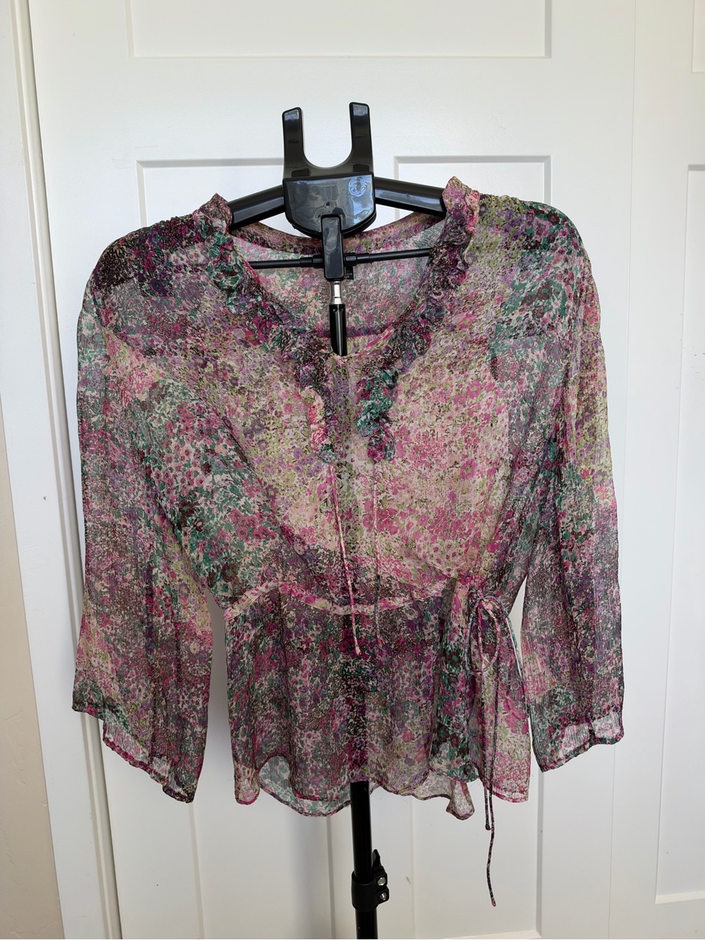 Lucky Brand Sheer Floral Ruffle Blouse - Pink, Green